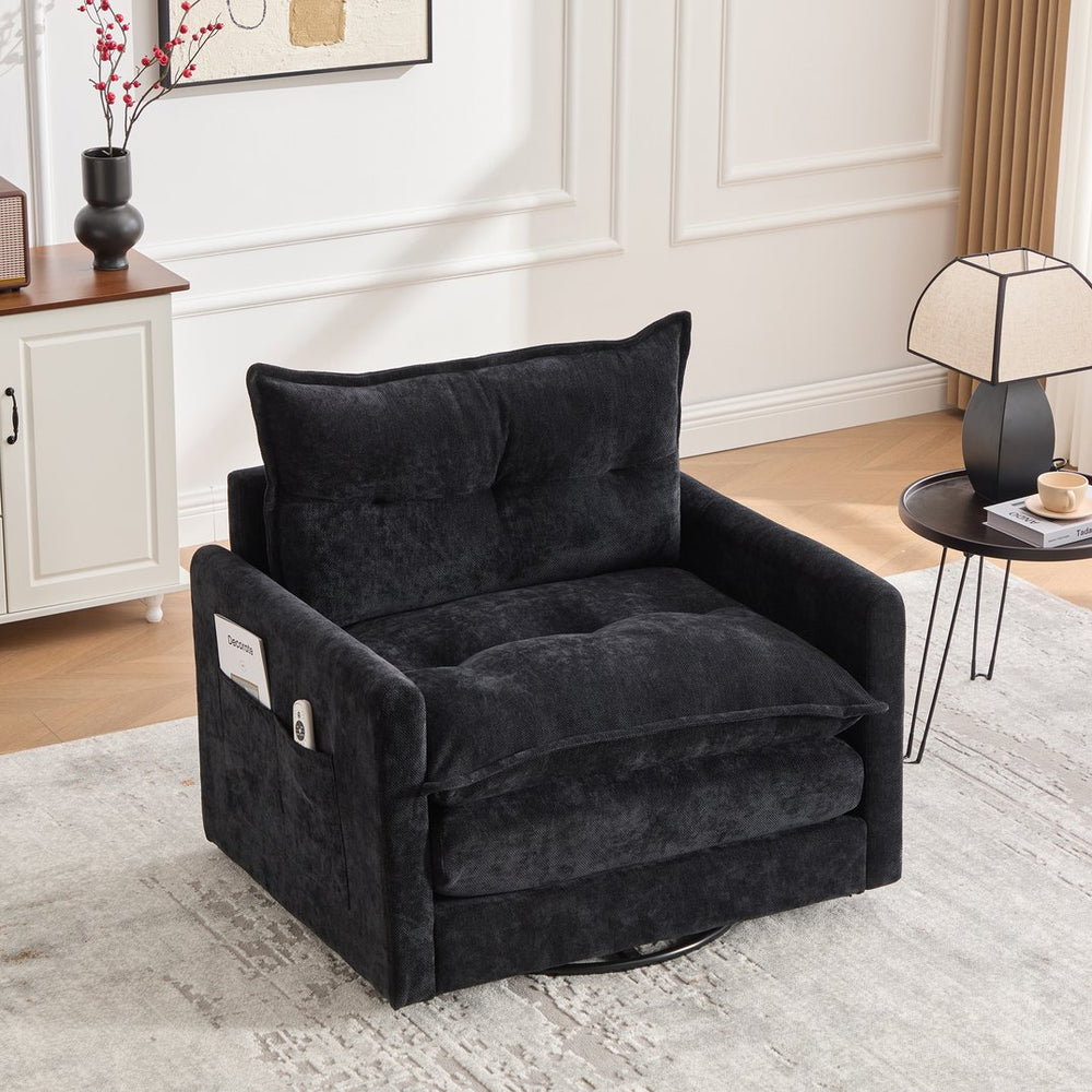 English Elm UNITED Swivel Barrel Chair with Chenille Upholstery, 360° Smooth Rotation, Padded Arm Comfort and Side Pockets for Living Room Relaxation Black W1568P290088