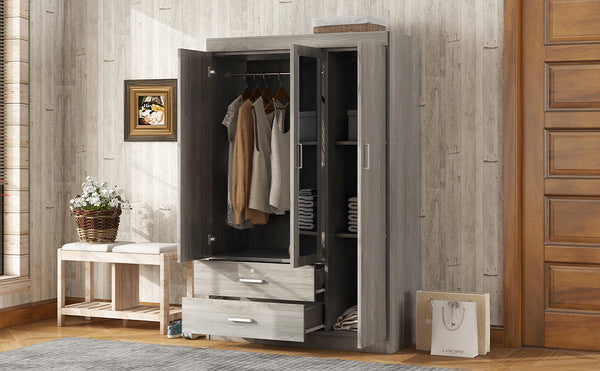 English Elm 3-door Wardrobe with Full Length Mirror Lockable Drawer and Bedroom Shelf Storage Gray LP006601AAE