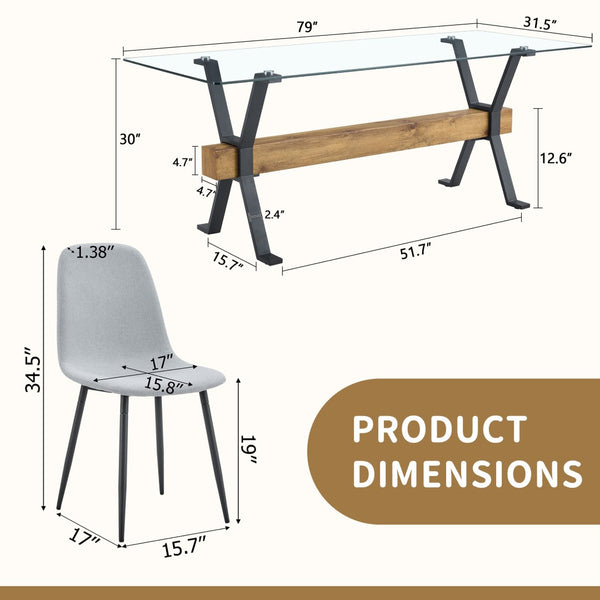 English Elm Table And Chair Set - Modern 79" Glass Top With X-Shaped Black Metal Legs & 6 Light Gray Linen Chairs W1151S03604-GIGA