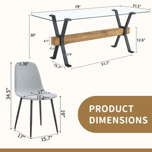 English Elm Table 9-Piece Modern Dining Set With Glass Top, X-Shaped Metal Legs & Comfortable Gray Chairs W1151S03605-GIGA
