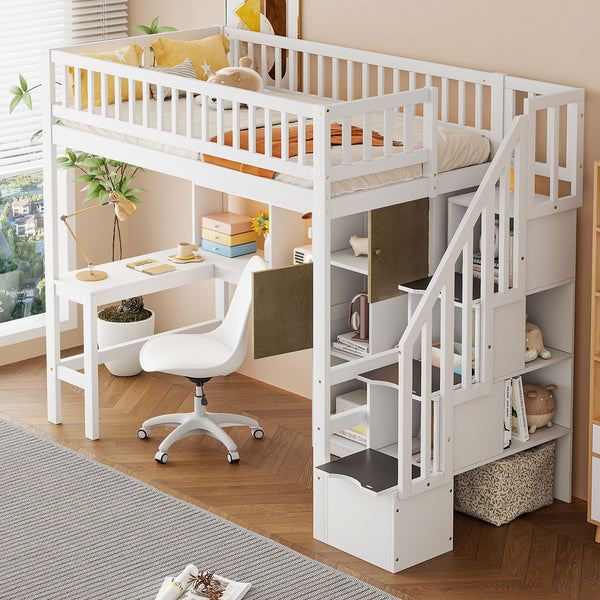 English Elm Wood Twin Loft Bed with Built-In L-Desk, LED Lighting, Staircase Storage, Shelves & Cabinets White N7090000470K