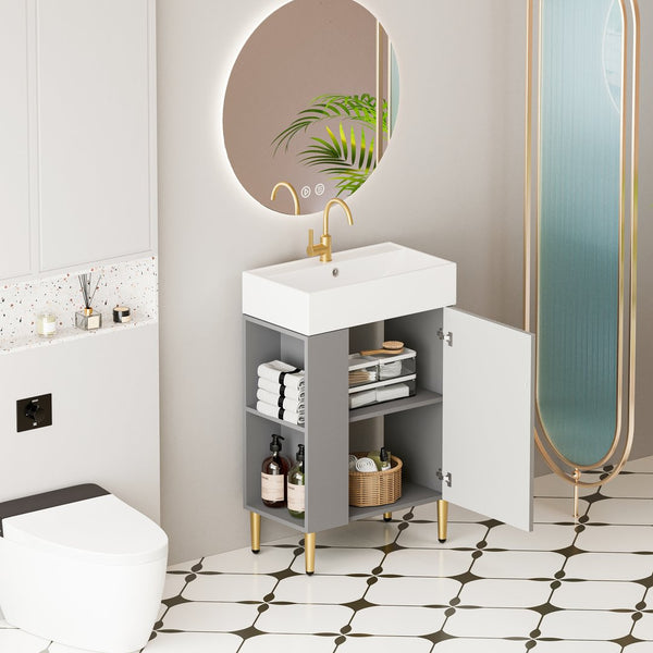 English Elm 21.6" Compact Bathroom Vanity Ceramic Sink Soft-close Storage Wave Door Grey Finish W1573S00020