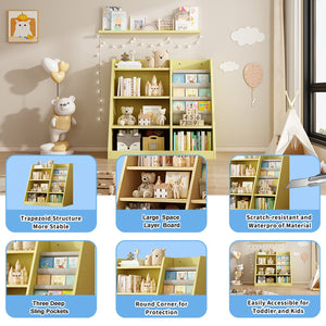 English Elm Yellow Toddler Wooden Bookcase with 4-Tier Sling Pockets Montessori Kids Storage Shelf for Playroom W2876P233539
