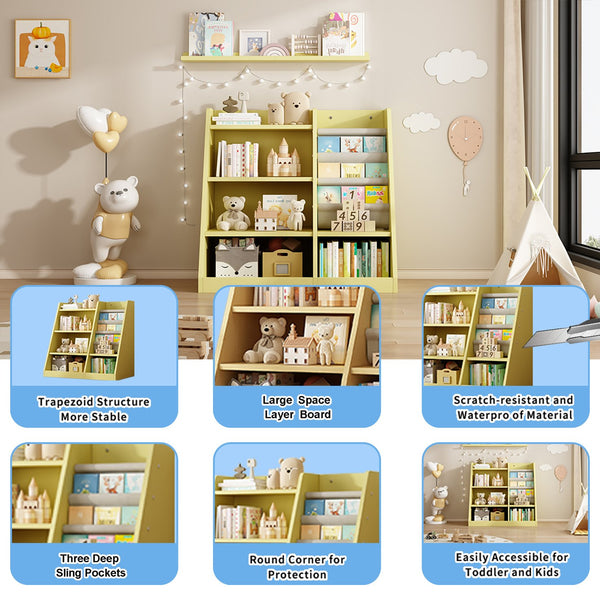 English Elm Yellow Toddler Wooden Bookcase with 4-Tier Sling Pockets Montessori Kids Storage Shelf for Playroom W2876P233539