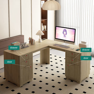 English Elm L Shaped Corner Desk with Storage Cabinet and Built in Charging Station for Home Office W1321S00038
