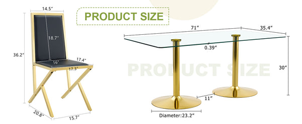 English Elm Table and Chair Set 12 Piece Tempered Glass Dining with Gold Metal Legs Modern Black+Gold,Transparent W1151S04772