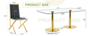 English Elm Table Set Oval Tempered Glass Top Gold Column Base with Eight Pu Leather Dining Chairs Black+Gold,Transparent W1151S04770