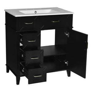 English Elm 30-Inch Bathroom Vanity with Ceramic Sink, Gold Handles, Solid Wood Frame and Soft-Close Drawers Black N729P195052B