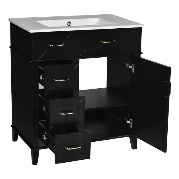 English Elm 30-Inch Bathroom Vanity with Ceramic Sink, Gold Handles, Solid Wood Frame and Soft-Close Drawers Black N729P195052B