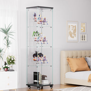 English Elm 4 Tier Glass Display Cabinet - Lockable Floor Standing Storage With Acrylic Shelves & Wheels For Versatility W1668P241902