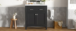 English Elm 30" Modern Bathroom Vanity with Ceramic Sink and Soft-Close Doors, Solid Wood MDF Build, Sleek Handles Black N729P263155B