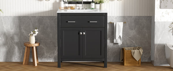 English Elm 30" Modern Bathroom Vanity with Ceramic Sink and Soft-Close Doors, Solid Wood MDF Build, Sleek Handles Black N729P263155B