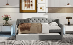 English Elm Upholstered Twin XL Daybed with Built-In LED Belt and Trundle, Linen Backrest, Modern Guest Bed Gray DL002050AAE