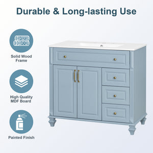 English Elm 36" Bathroom Vanity - Modern Blue Grey Solid Wood Cabinet With Elegant Gold Handles & Ample Storage N725P356069E