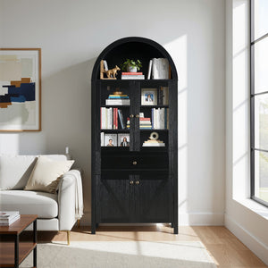 English Elm Dome Top Apothecary Cabinet Antique Inspired Tall Storage with Arched Silhouette Black W1785S00002