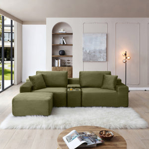 English Elm Modular Cloud Sectional Sofa with Corduroy Deep Seating Usb Ports and Storage Ottoman Green W1117S00361