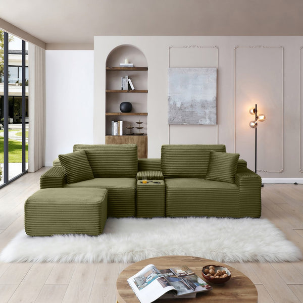 English Elm Modular Cloud Sectional Sofa with Corduroy Deep Seating Usb Ports and Storage Ottoman Green W1117S00361