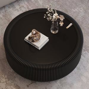 English Elm Black Round Fluted Pu Leather Coffee Table Tempered Glass Top Hidden Storage Modern Black W3081P428980