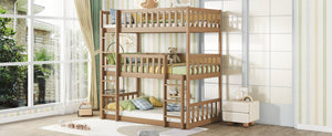 English Elm Twin Triple Rubberwood Bunk Bed with Ladders & Guardrails, Space-Saving Modular Design for Families White Oak W504S00172
