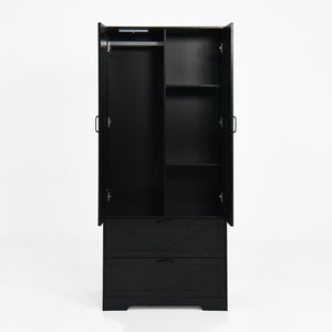 English Elm 2 Door Wardrobe Closet with Full Length Mirror Motion Light Hanging Rod and Drawers Black W409P266778