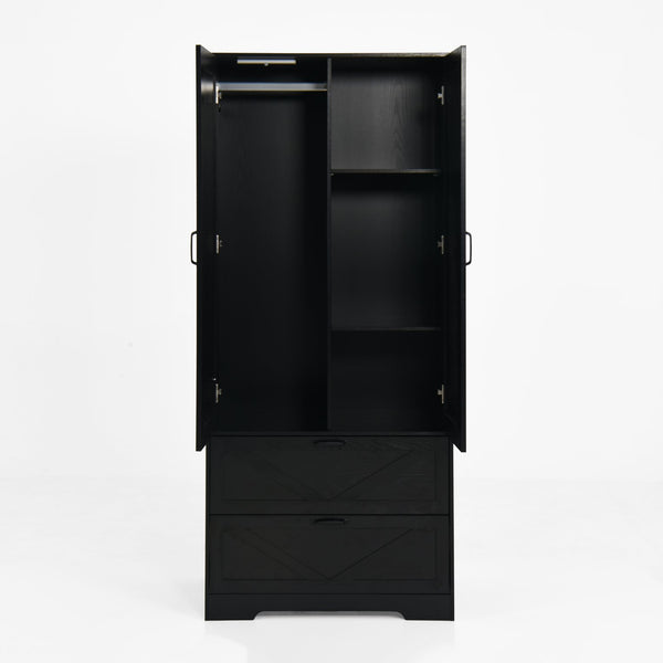 English Elm 2 Door Wardrobe Closet with Full Length Mirror Motion Light Hanging Rod and Drawers Black W409P266778