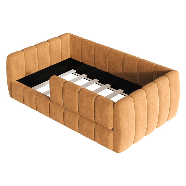 English Elm Upholstered Velvet Toddler Daybed with Removable Guardrails and Solid Slat Support Orange N899P452426C
