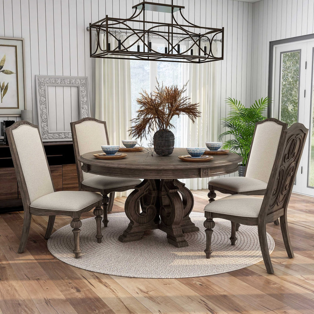 English Elm Elegant Round Pedestal Dining Set Carved Wood Table with Four Upholstered Side Chairs Ivory,Natural,Natural+Rustic B2741S00886