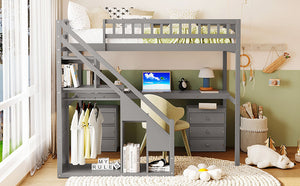 English Elm Twin Loft Bed with Staircase Desk Dual Drawers and Led Strip for Kids Rooms Gray LT000257AAE-1