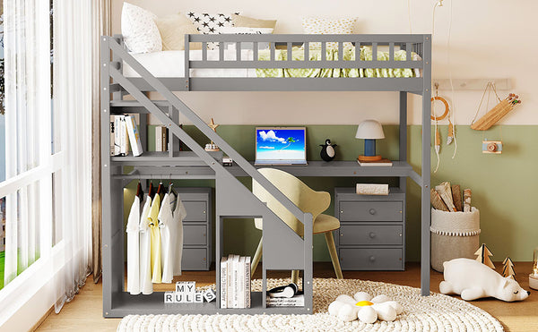 English Elm Twin Loft Bed with Staircase Desk Dual Drawers and Led Strip for Kids Rooms Gray LT000257AAE-1