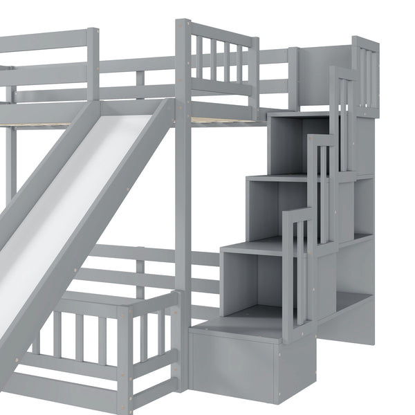 English Elm Twin Over Full Bunk Bed Solid Pine Frame with Built-in Slide and Storage Staircase Grey W504S00289