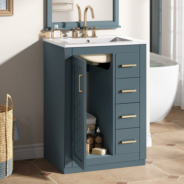 English Elm 24" Bathroom Vanity With Ceramic Sink - Stylish Blue Cabinet, Soft-Close Drawers & Modern Elegance N710P341038C