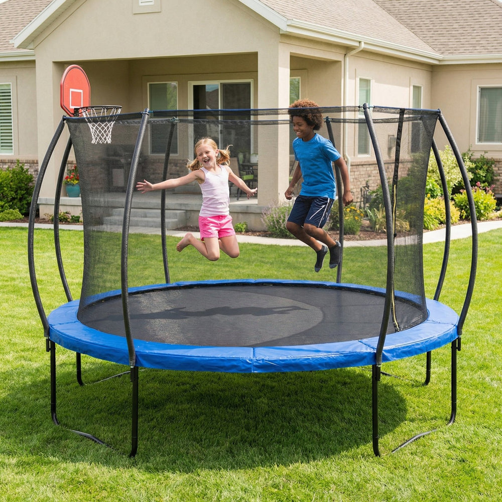 English Elm 14 Foot Pumpkin Shaped Backyard Trampoline with Basketball Hoop Galvanized Steel Frame W2071P319084