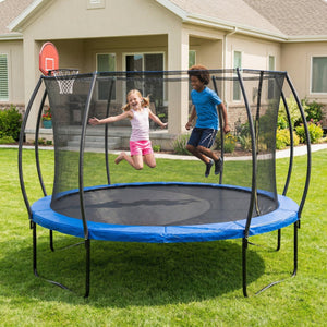 English Elm 14 Foot Pumpkin Shaped Backyard Trampoline with Basketball Hoop Galvanized Steel Frame W2071P319084