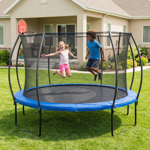 English Elm 14 Foot Pumpkin Shaped Backyard Trampoline with Basketball Hoop Galvanized Steel Frame W2071P319084