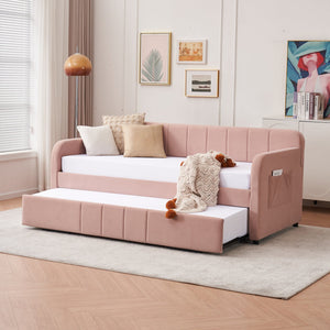 English Elm Twin Upholstered Daybed with Trundle Sofa Bed for Guest Room, Pine Wood Frame, Velvet Upholstery, Sturdy Slat Support and Full-Length Comfort Pink W1361S00023