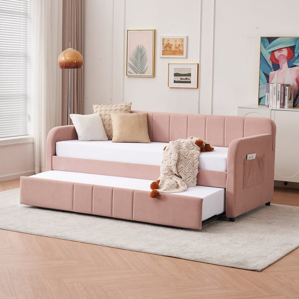 English Elm Twin Upholstered Daybed with Trundle Sofa Bed for Guest Room, Pine Wood Frame, Velvet Upholstery, Sturdy Slat Support and Full-Length Comfort Pink W1361S00023