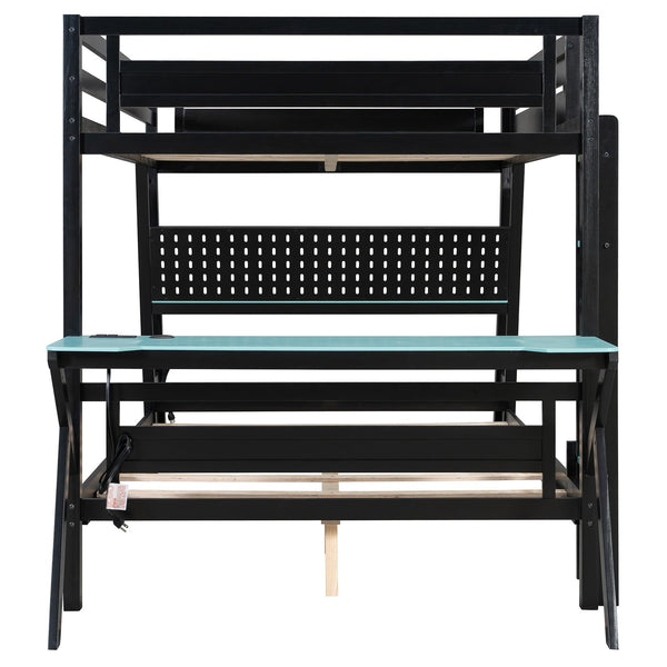English Elm Full Size Gaming Bunk Bed with Dual Desks Usb Charging Ports and Pegboard Storage Blue LT000274AAC
