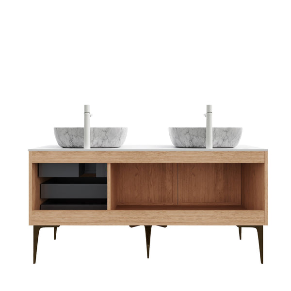English Elm Munin Freestanding 60 Inch Bathroom Vanity Oak Plywood Cabinet Ceramic Stone Basin W2615S00470