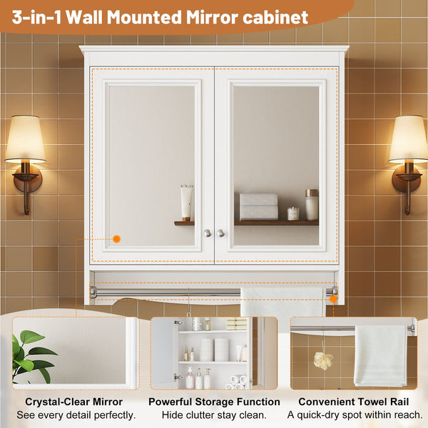 English Elm 3-in-1 Wall Mounted Medicine Cabinet with Soft Close Door Adjustable Shelves and Towel Bar White N710P405415K