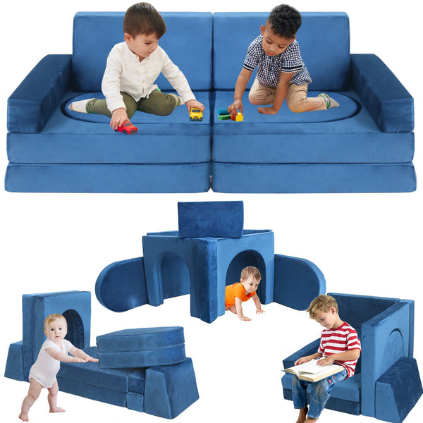 English Elm 12 Piece Modular Foam Play Couch Set Velvet Convertible Sofa Fort for Kids Playroom Blue T5880P493411