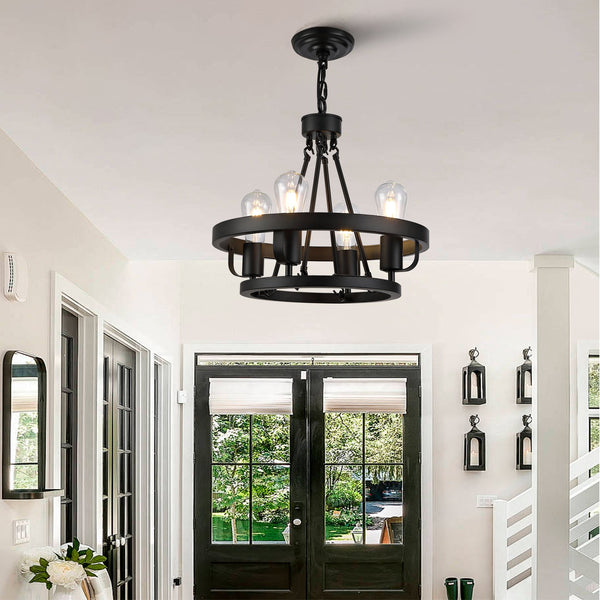 English Elm Four-light Wagon Wheel Pendant Matte Black Metal Industrial Plug-in Dining Fixture W2991P407027