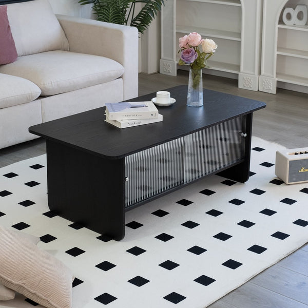 English Elm 47"rectangular Coffee Table Fluted Glass Sliding Doors Retro Wood Grain Living Room Storage Black W3935P408521