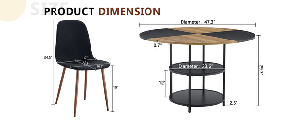English Elm Table and Chair Set 47 Inch Round Mdf Spliced Top with Dual Tier Storage 4 Seats Black,Dark Walnut,Wood W1151S03335
