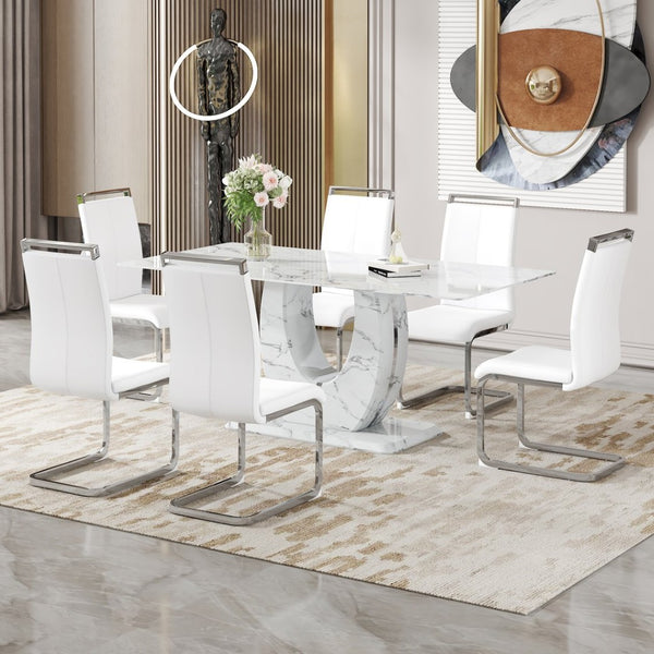 English Elm Table Modern Marble Pattern Dining Set - 71"X35.4" Glass Table With 6 Elegant White Pu Chairs W1151S02114-GIGA