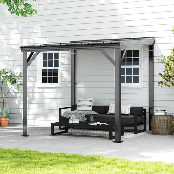 English Elm 8'x 8' Lean to Gazebo Gray — Galvanized Steel Hardtop, Hidden Gutter Drainage, Wind‑Resistant Patio Shelter W1859S00121