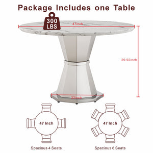 English Elm 47" Round Marble Dining Table - Elegant High Gloss Faux Marble Top With Sturdy Stainless Steel Base W3456S00030