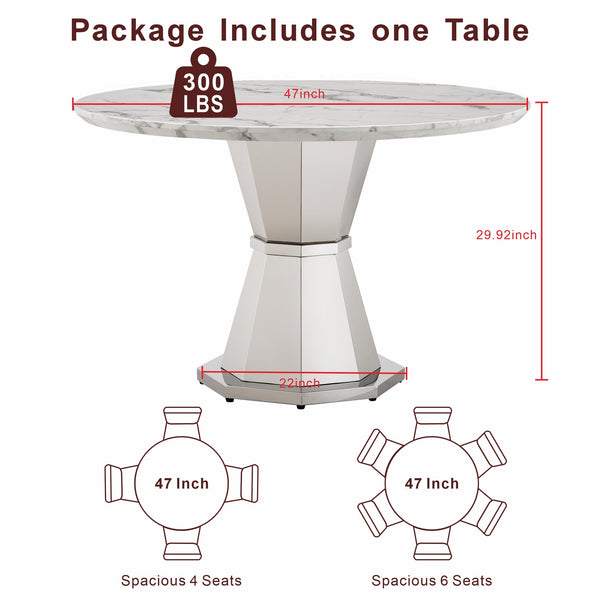 English Elm 47" Round Marble Dining Table - Elegant High Gloss Faux Marble Top With Sturdy Stainless Steel Base W3456S00030