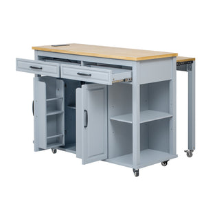 English Elm K&k Farmhouse Kitchen Island Extendable Table Rubber Wood Veneer Built-in Charging Storage Grey+Blue N707S215327G