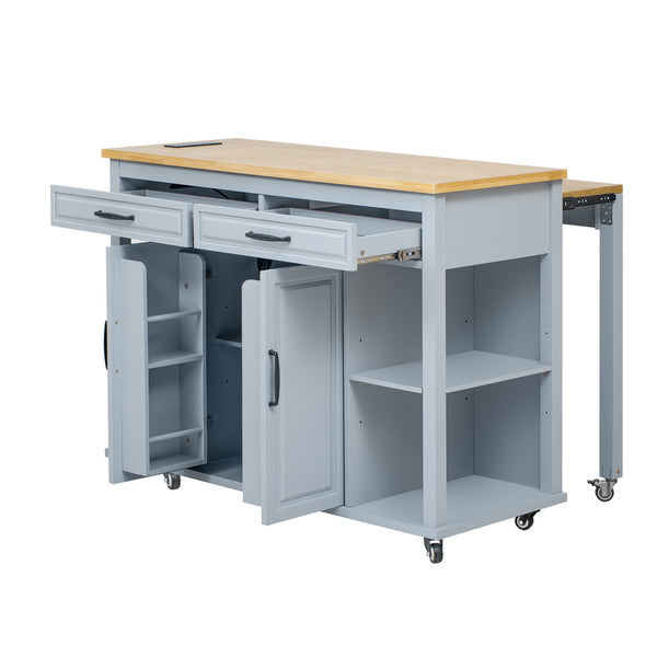 English Elm K&k Farmhouse Kitchen Island Extendable Table Rubber Wood Veneer Built-in Charging Storage Grey+Blue N707S215327G