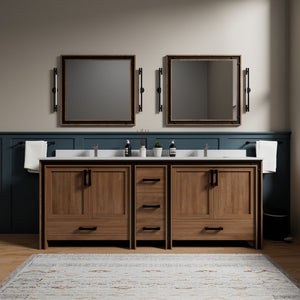 English Elm Rustic Barnwood Double Bath Vanity 84" W x 22" D with Cultured Marble Top, Solid Wood, Soft-Close Storage B2731P260761